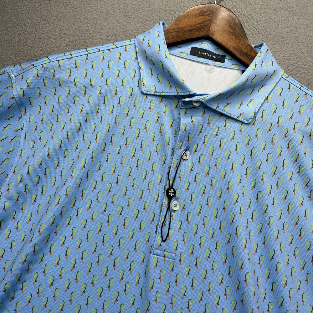 Turtleson Fishing Rod Print Polo Shirt Mens XL Blue Performance Golf Sport Top
